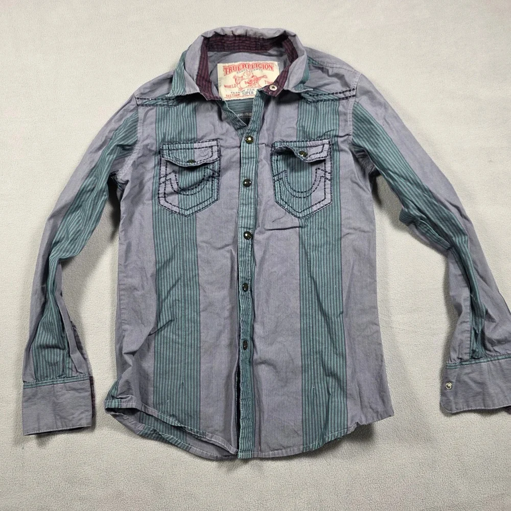 Vintage True Religion shirt Mens Small Grey Green Section‎ Super T Striped